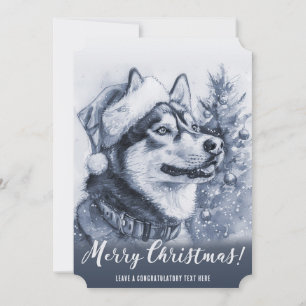 Tarjeta Festiva Navidades Husky Siberiano Azul