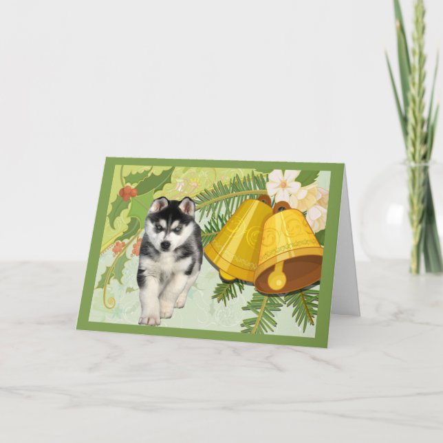 Tarjeta Festiva Navidades Husky Siberianos con campanas de cartas (Anverso)