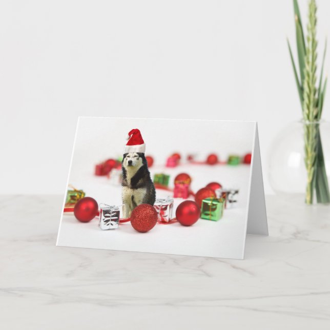 Tarjeta Festiva Navidades Husky siberianos con una caja de regalo  (Anverso)