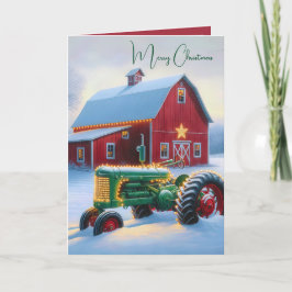 Tarjeta Festiva Navidades iluminan un tractor de granjas verdes