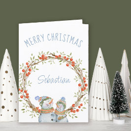Tarjeta Festiva Navidades inteligentes Snowman invierno Berry Wrea