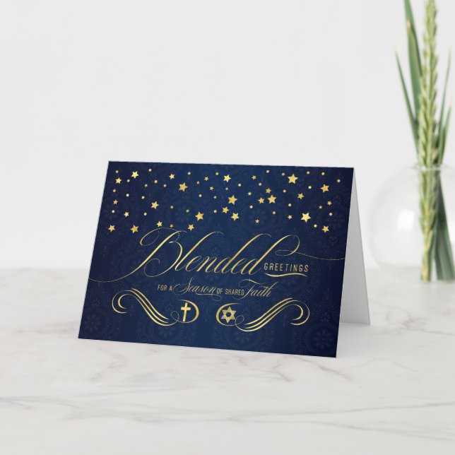 Tarjeta Festiva Navidades interreligiosos y oro azul de la marina  (Anverso)