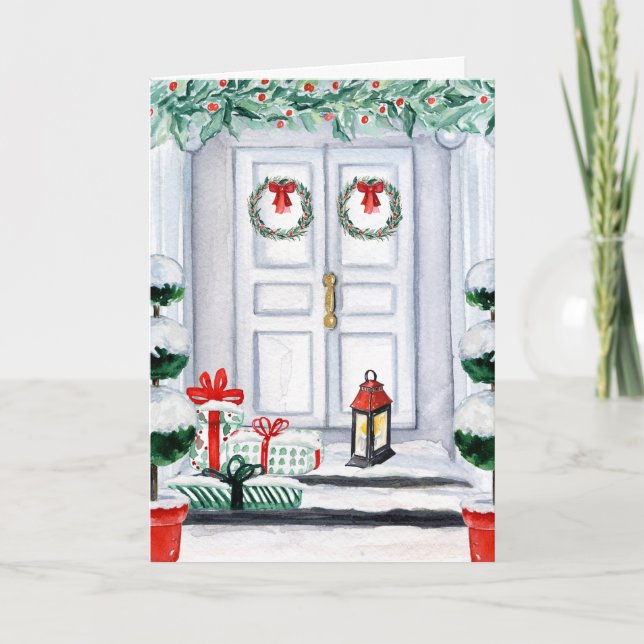 Tarjeta Festiva Navidades Invierno Bienvenidos A Casa Puerta Frent (Anverso)