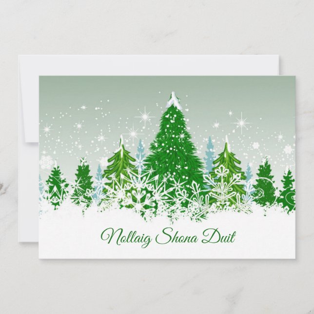 Tarjeta Festiva Navidades irlandeses, abetos verdes de nieve (Anverso)