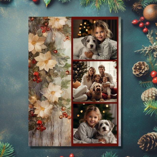 Tarjeta Festiva Navidades irlandeses bendiciendo 3 flores de invie (Front - Christmas Irish Blessing 3 Photo Winter Flowers Holiday Card)