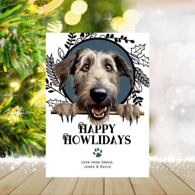 Tarjeta Festiva Navidades irlandeses de perro lobo felices de Howl (Happy Howlidays Irish Wolfhound Dog Christmas Holiday Cards by Ricaso. Cute breed holiday cards)