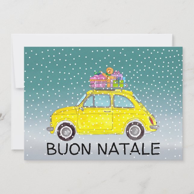 Tarjeta Festiva Navidades italianos Buon Natale Fiat amarillo 500 (Anverso)