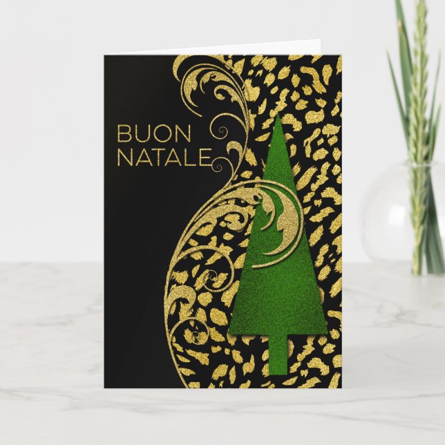 Tarjeta Festiva ¡Navidades italianos Buon Natale! Oro verde y fals (Anverso)