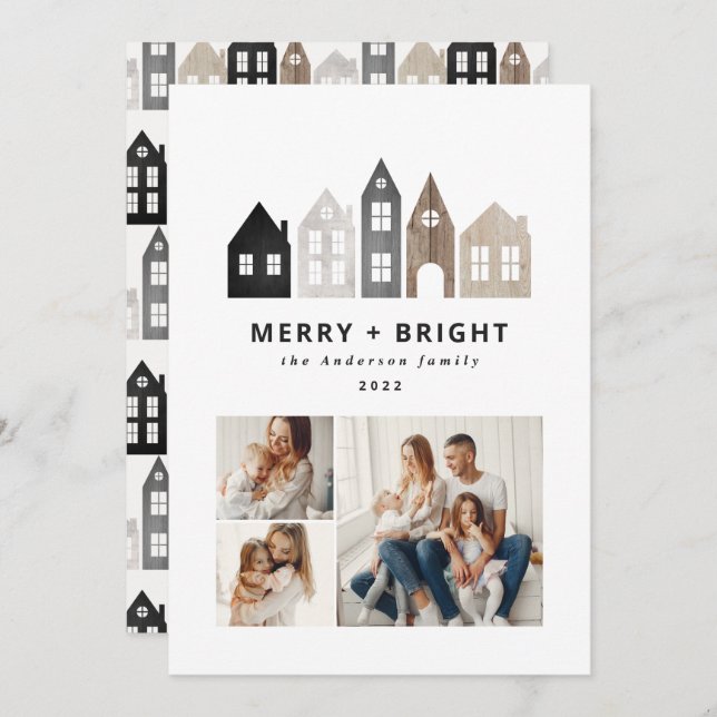 Tarjeta Festiva Navidades japoneses modernos casas nórdicas 3 moda (Anverso / Reverso)