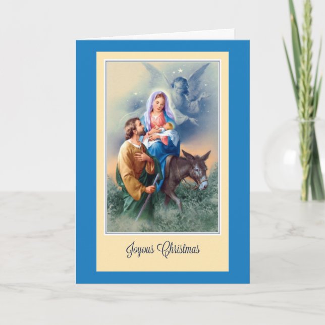 Tarjeta Festiva Navidades, Jesús, María, José, burro, ángeles (Anverso)