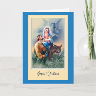 Tarjeta Festiva Navidades, Jesús, María, José, burro, ángeles