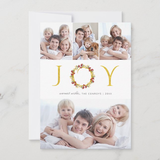 Tarjeta Festiva Navidades Joy Collage de fotos Oro Faux Relieve me (Anverso)