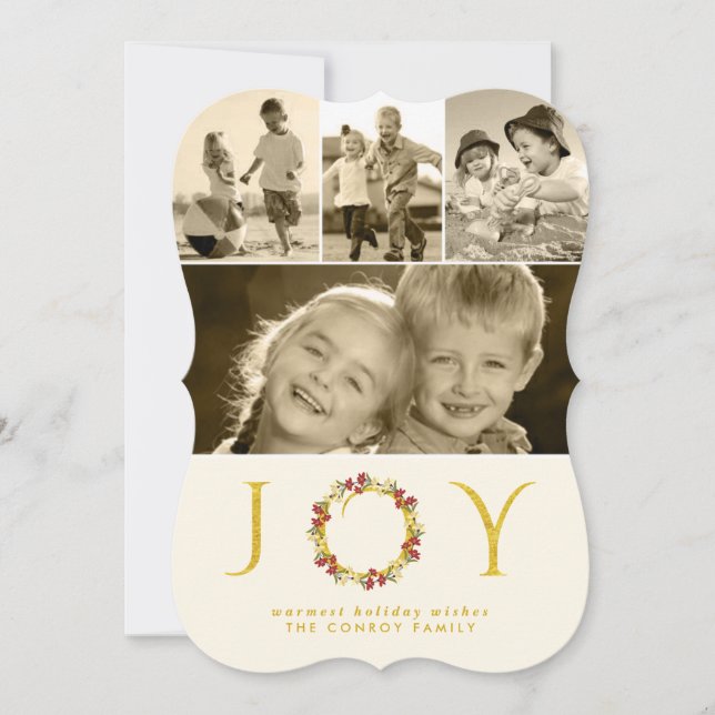 Tarjeta Festiva Navidades Joy Gold Purpurina Floral Wreath muere c (Anverso)