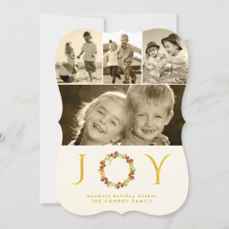 Tarjeta Festiva Navidades Joy Gold Purpurina Floral Wreath muere c