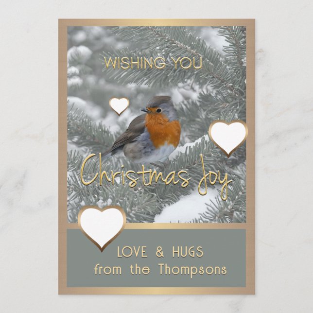 Tarjeta Festiva Navidades Joy Heart Songbird Snowy Evergreen Tree (Anverso)