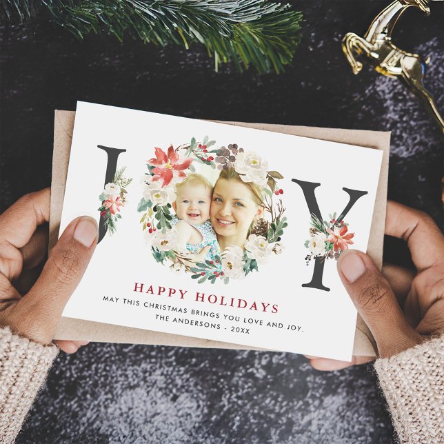 Tarjeta Festiva Navidades JOY Poinsettia Floral Wreath Photo (Subido por el creador)