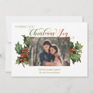 Tarjeta Festiva Navidades Joy Script con Holly y Foto