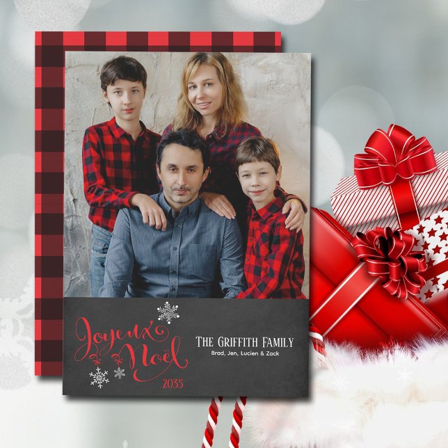 Tarjeta Festiva Navidades Joyeux Noel Snowflakes Buffalo Plaid (Joyeux Noel one-photo Christmas card with buffalo plaid back.)