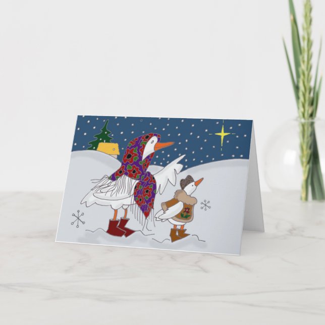 Tarjeta Festiva Navidades Kachka (pato), arte folclórico ucraniano (Anverso)