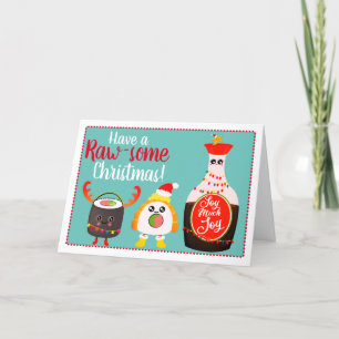 Tarjeta Festiva Navidades Kawaii Sushi Pun Raw, coloridos y cortos