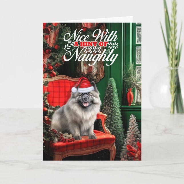 Tarjeta Festiva Navidades Keeshond Dog Naughty o Nice (Anverso)