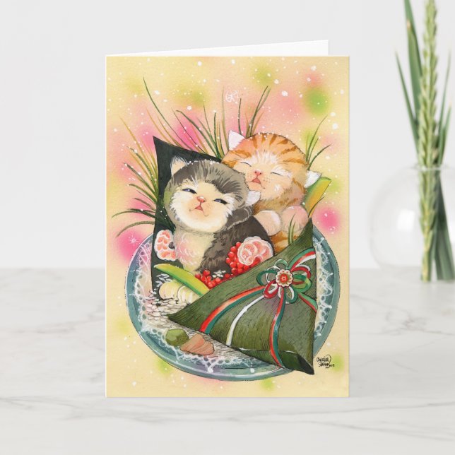 Tarjeta Festiva Navidades Kitten Handroll sushi (Anverso)