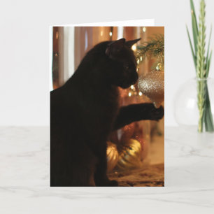 Tarjeta Festiva Navidades Kitten Notes, Black Cat/Gold Ornament