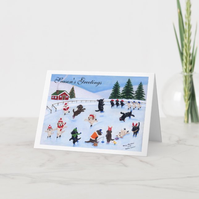 Tarjeta Festiva Navidades Labradors De Patinaje Sobre Hielo (Anverso)