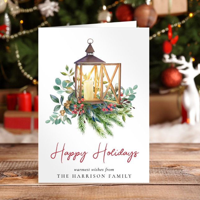 Tarjeta Festiva Navidades Lantern Greenery Watercolor (Subido por el creador)