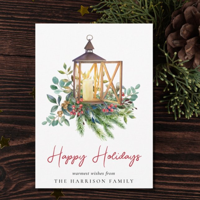 Tarjeta Festiva Navidades Lantern Greenery Watercolor (Spread the love and joy of the season with your friends and family near and far)