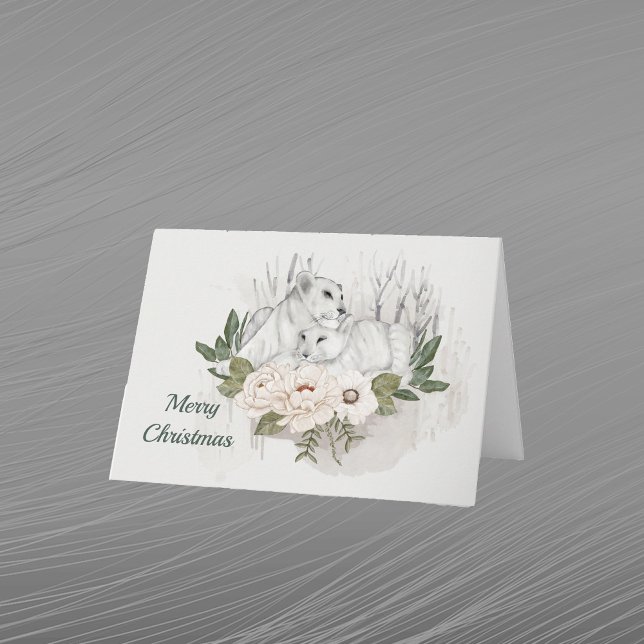 Tarjeta Festiva Navidades Leones blancos acuarela floral (Subido por el creador)