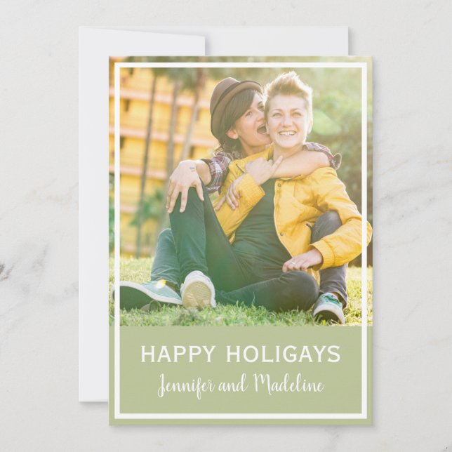 Tarjeta Festiva NAVIDADES LGBT Happy Holigays Photo Olive Green (Anverso)