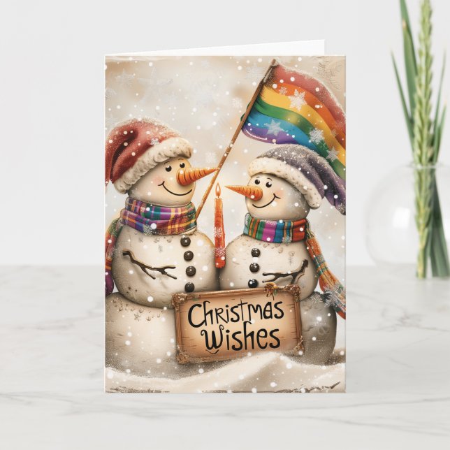 Tarjeta Festiva Navidades LGBTQ de Snowmen Arte Digital (Anverso)