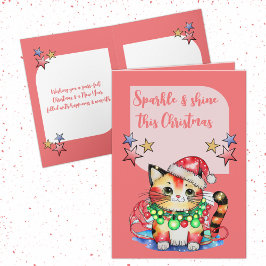 Tarjeta Festiva Navidades lindas estrellas de gatos rosas