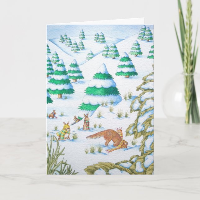 Tarjeta Festiva navidades lindos de zorro y conejo (Anverso)
