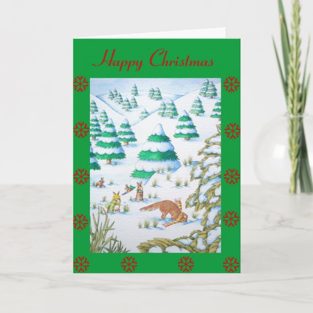 Tarjeta Festiva navidades lindos de zorro y conejo (Anverso)