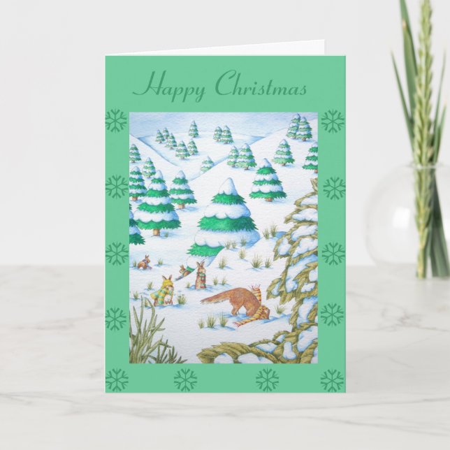 Tarjeta Festiva navidades lindos de zorro y conejo (Anverso)