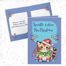 Tarjeta Festiva Navidades lindos gatitos estrellas azules