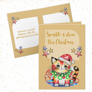 Tarjeta Festiva Navidades lindos gatitos estrellas de oro