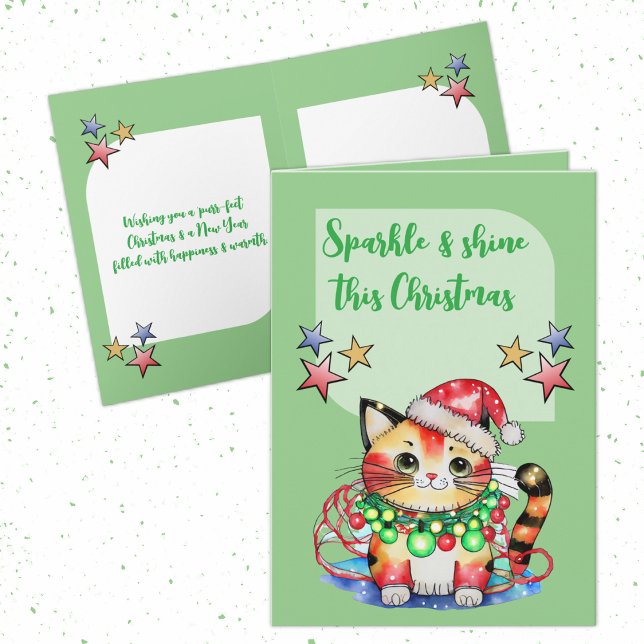Tarjeta Festiva Navidades lindos gatitos estrellas verdes (Subido por el creador)