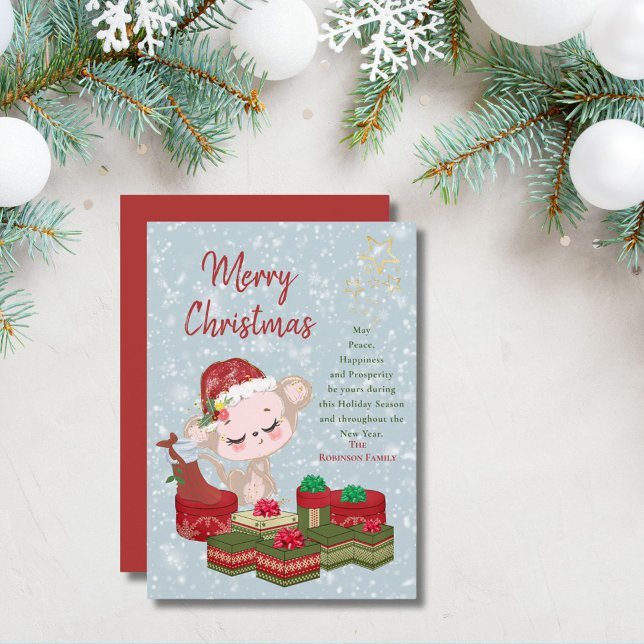 Tarjeta Festiva Navidades lindos mono Red Santa Hat bebé (Subido por el creador)