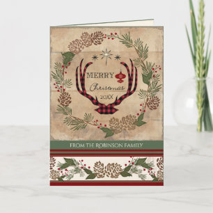 Tarjeta Festiva Navidades Lodge Deer Antler Wood Typography Photo