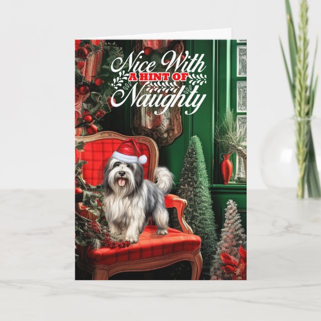 Tarjeta Festiva Navidades Lowchen Dog Naughty o Nice (Anverso)