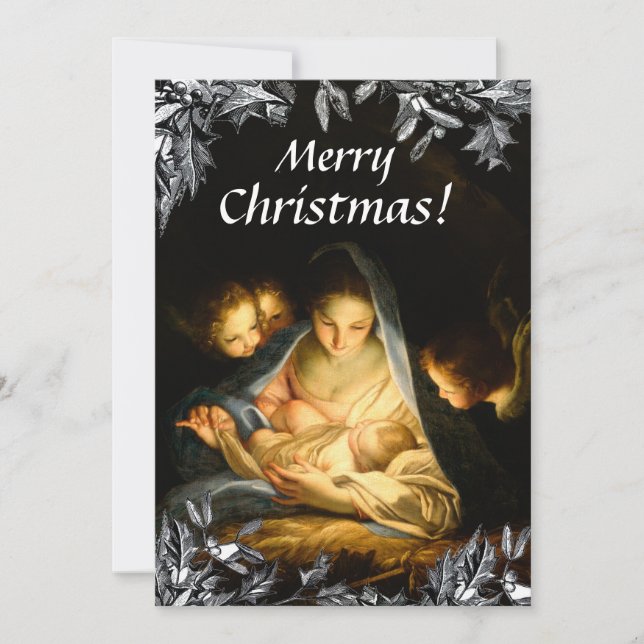 Tarjeta Festiva Navidades Madonna Child ClassicArt Victorian Holly (Anverso)