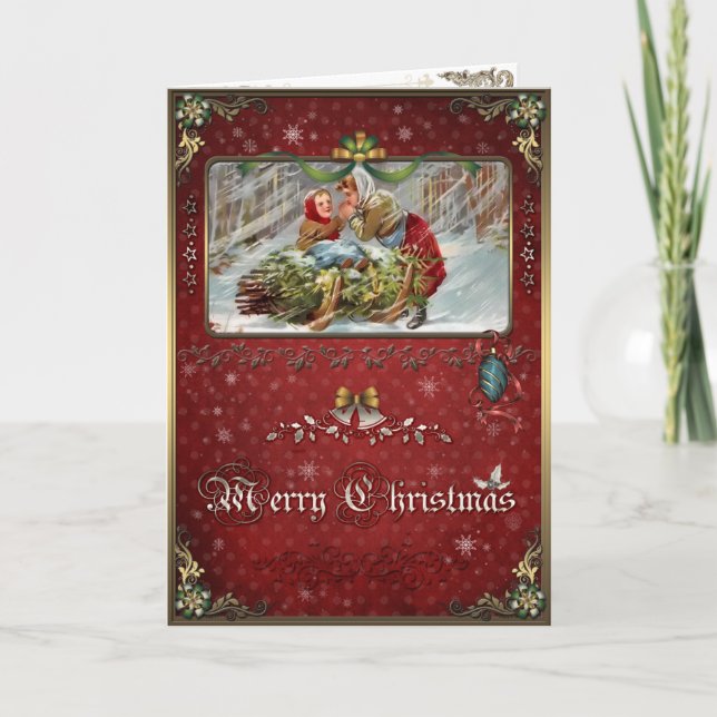 Tarjeta Festiva Navidades, madre e hija en un bosque invernal. (Anverso)