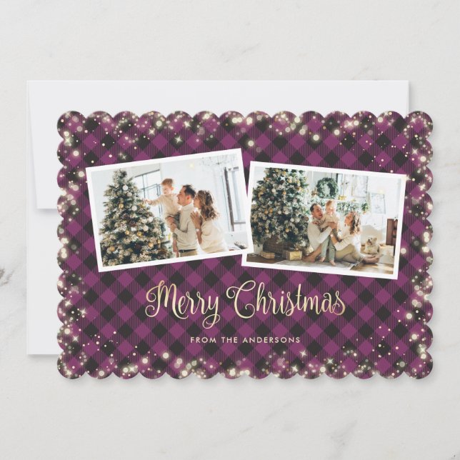 Tarjeta Festiva Navidades Magic Purple Plaid Gold Photo (Anverso)