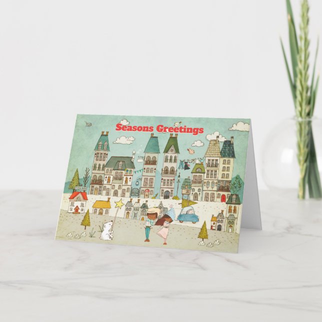 Tarjeta Festiva Navidades Mágicos Casas Aldeas Niños (Anverso)