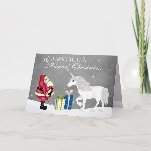 Tarjeta Festiva Navidades mágicos de Santa y Unicornio felices Año (Anverso)