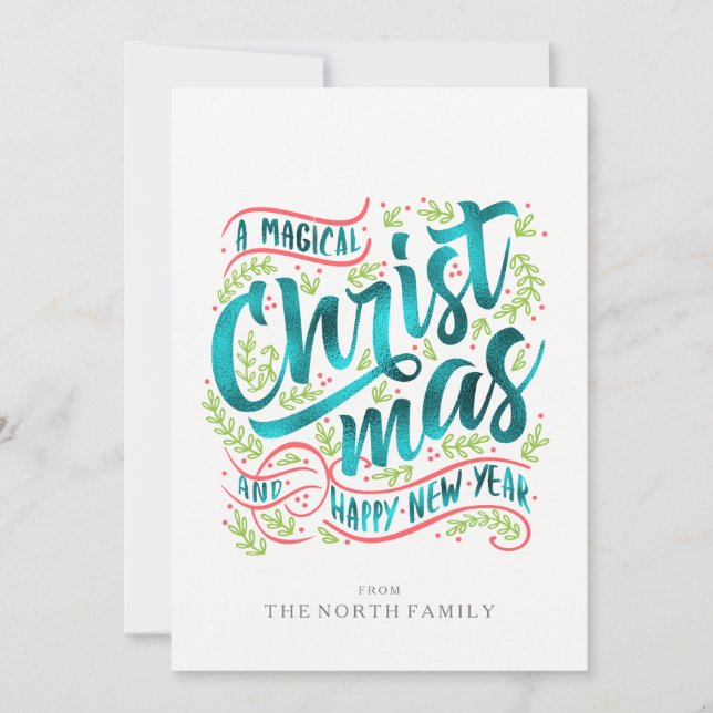 Tarjeta Festiva Navidades mágicos Tipografía Verde azulada ID441 (Anverso)