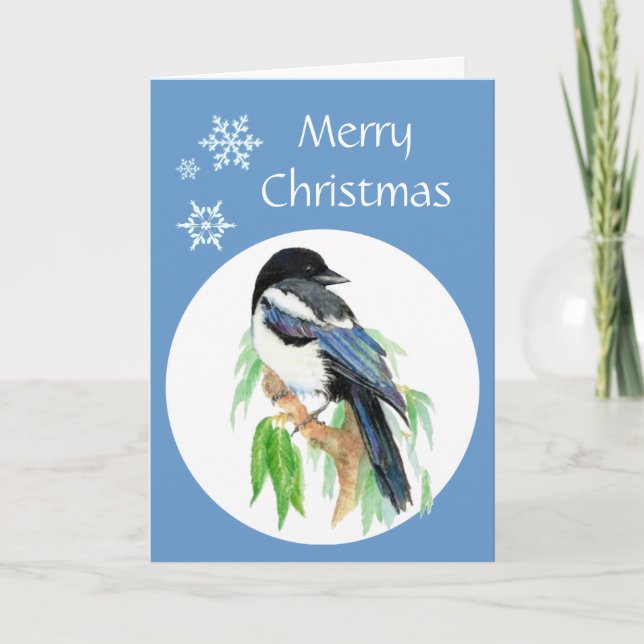 Tarjeta Festiva Navidades Magpie, Jardín, Ave, Saludos por la Natu (Anverso)